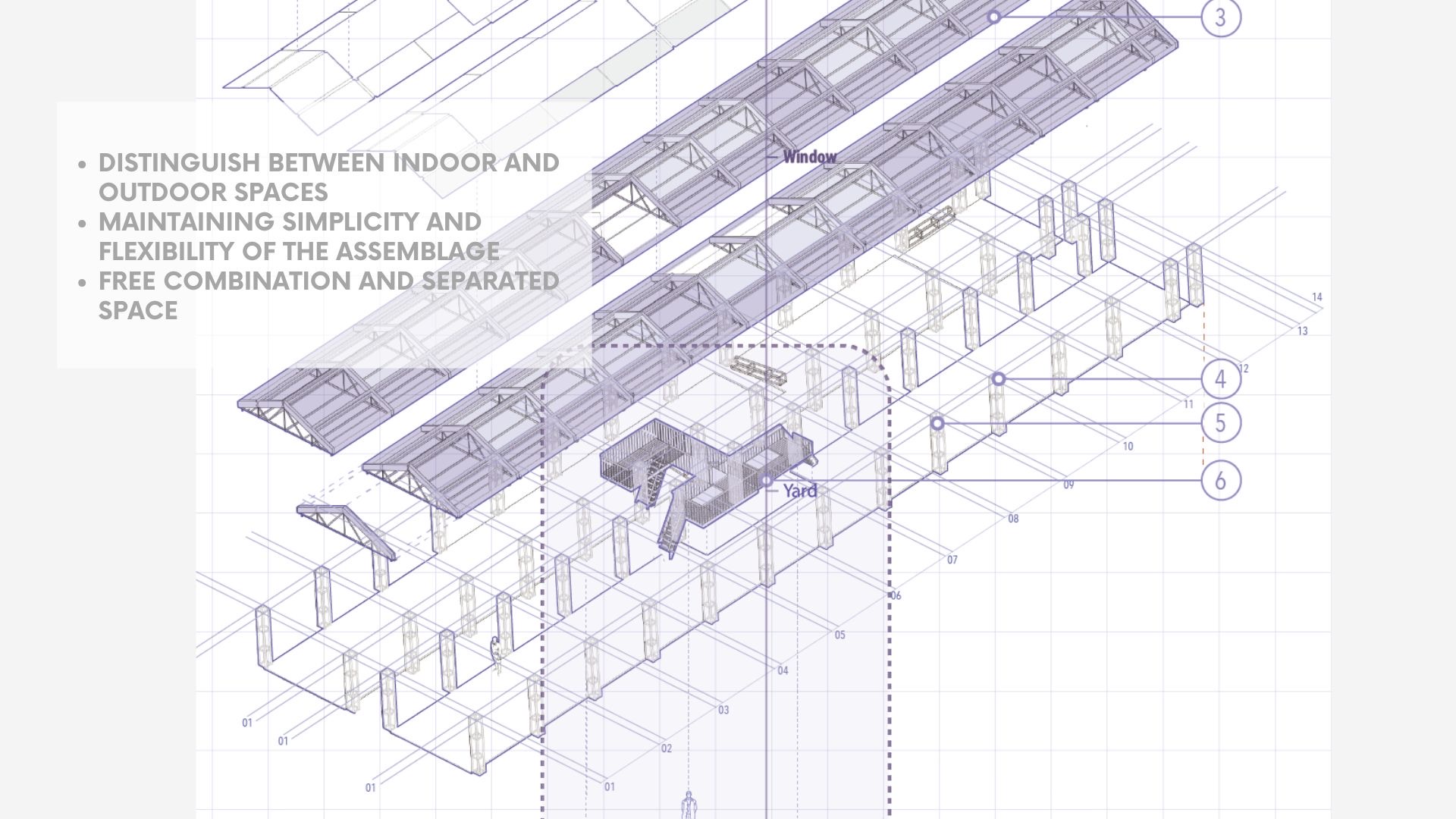 Exploded axonometric — steel frames and windows separating indoor and outdoor space