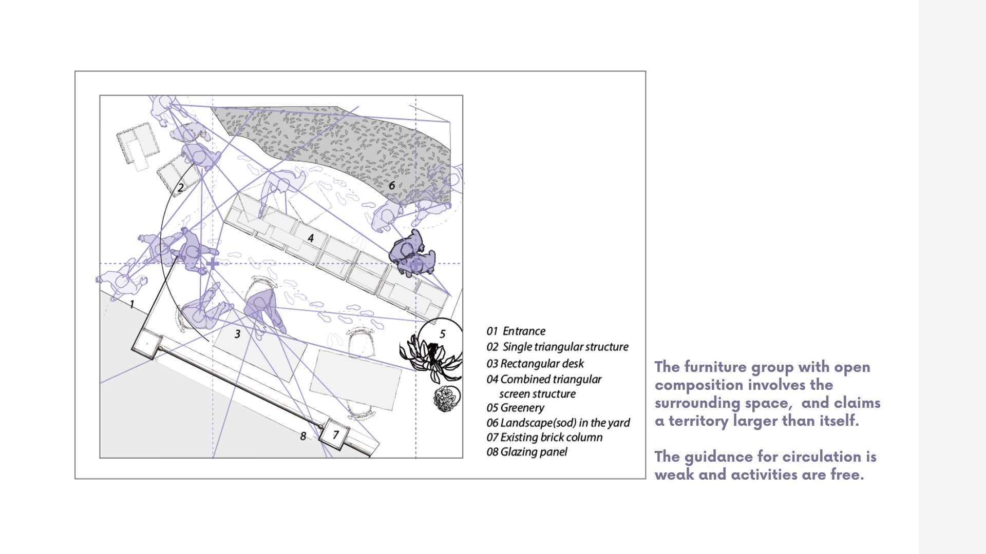 Open furniture composition involving the surrounding space