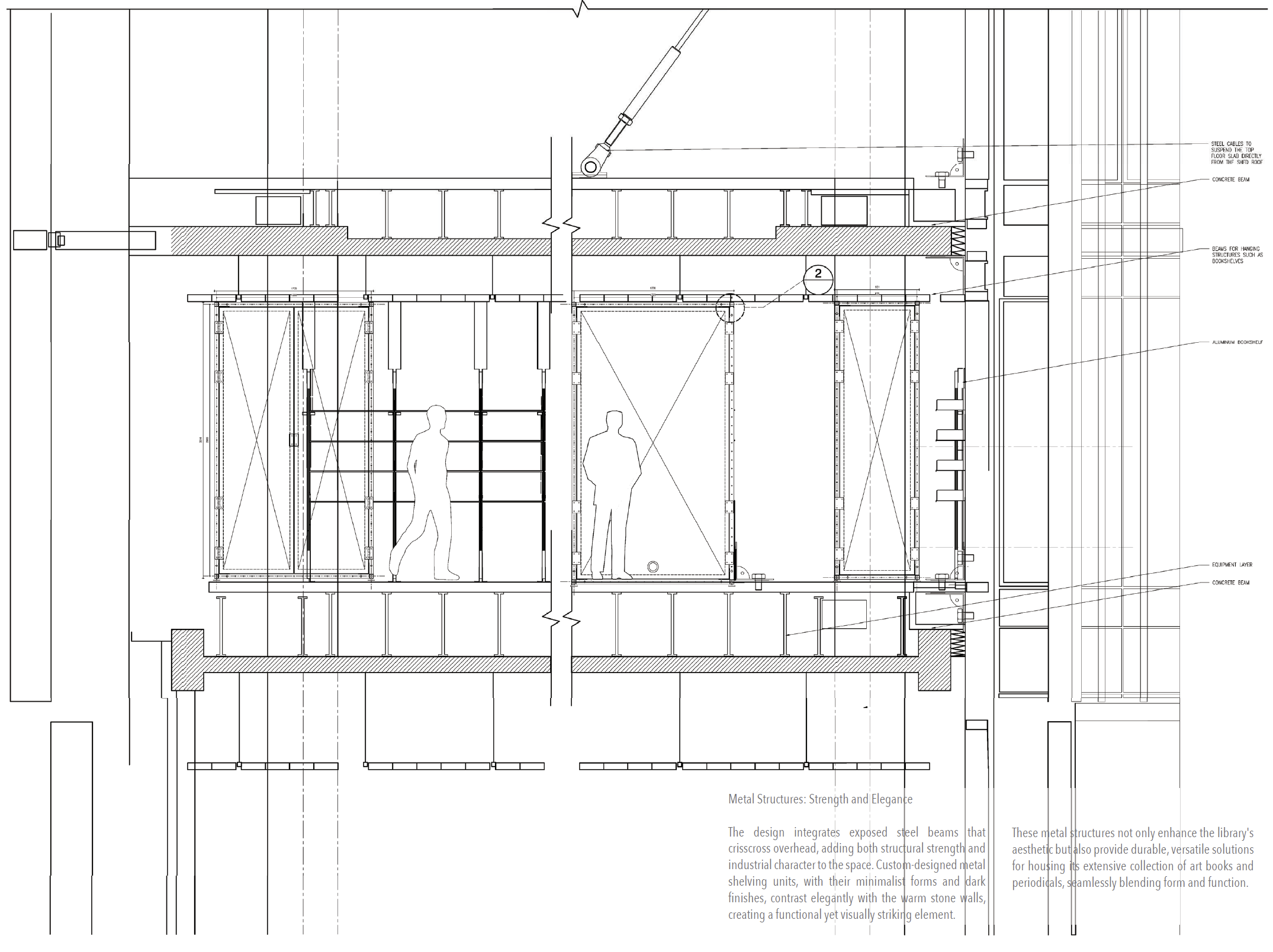 Construction detail of the suspended floor — steel cables from the roof, beams for hanging bookshelves, equipment layer
