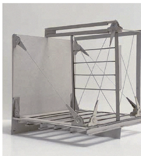 Working model of the shelf module — frame, tension cables, and floor grille
