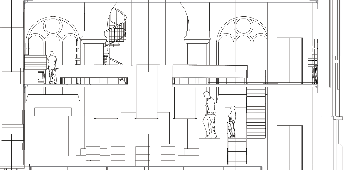 Section detail — Gothic arched windows and spiral stair beside the new reading platforms