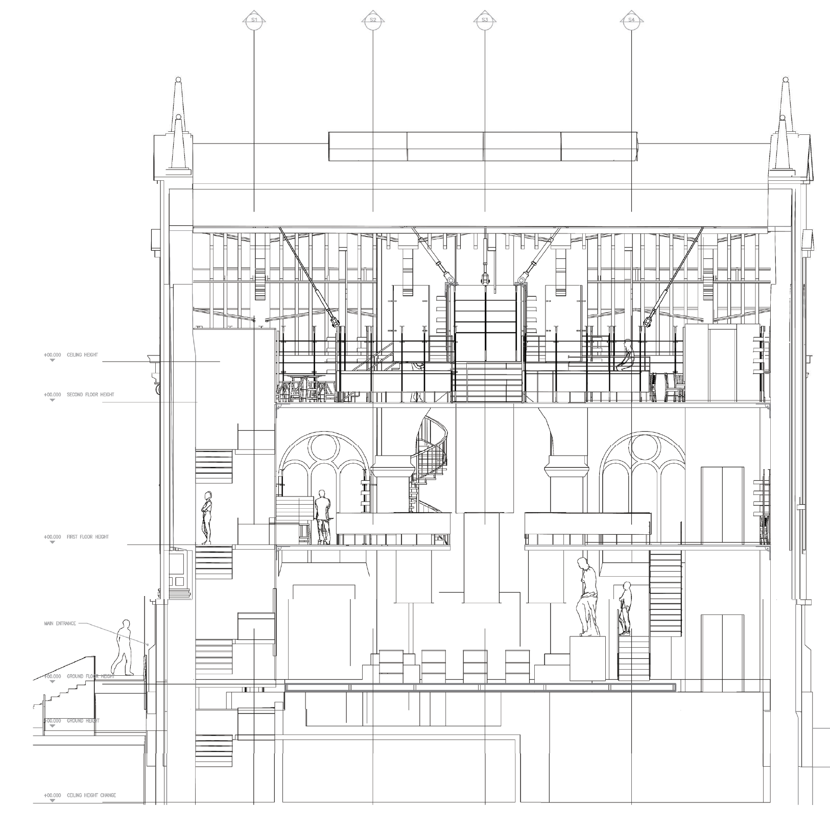 Long section through the Tron Kirk showing the new library structure suspended inside the church volume