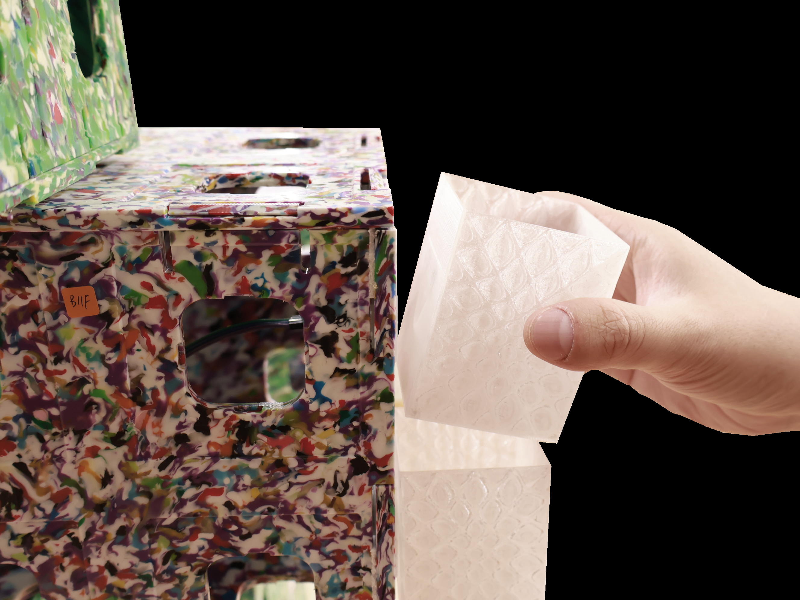 RECYCLED PANELS · 3D-PRINTED BLOCKS